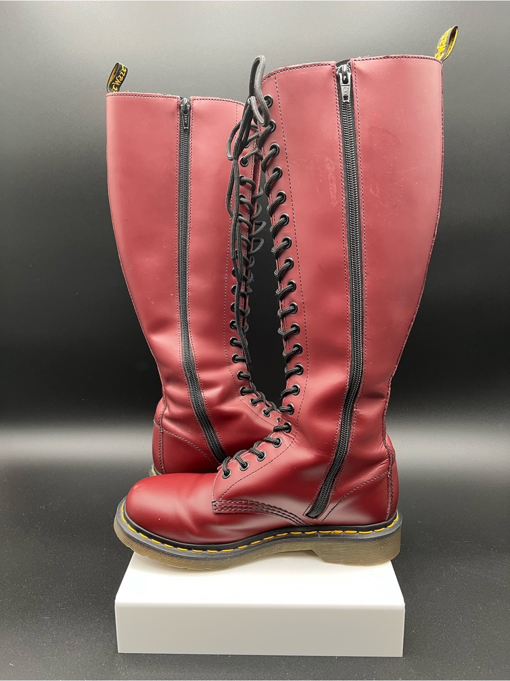 Dr. Martens Red Tall Lace-Up Women's Boots with Black Laces - Picture 2 of 16